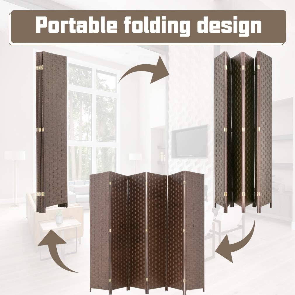 Dkelincs Wood Room Dividers 6 Panels Portable Folding Partition Screen Wood Mesh Woven Design Wall Divider(Brown)