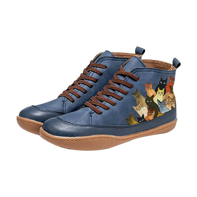 CEHVOM Bottines Confortables pour Femmes à Imprimé Chat en Cuir à Talon Plat Bottes Chaussures Rétro