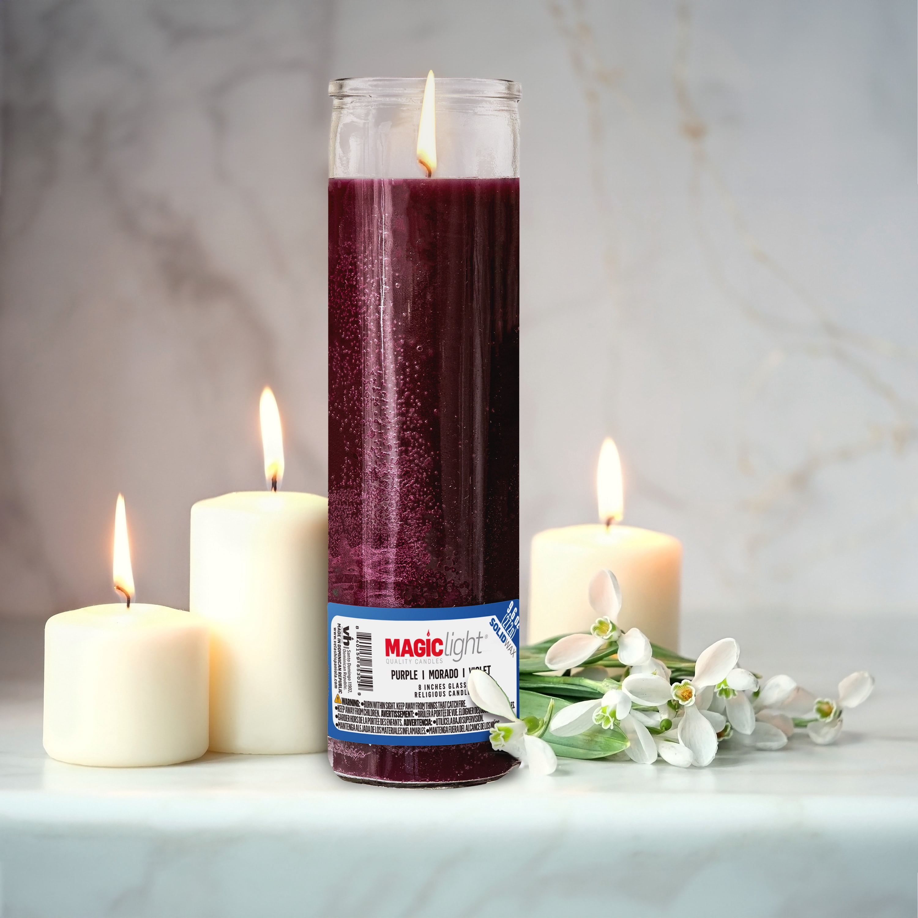 (4 pack) MagicLight Religious Candles 9.6 oz - Clear Glass Jar, Unscented Purple Wax