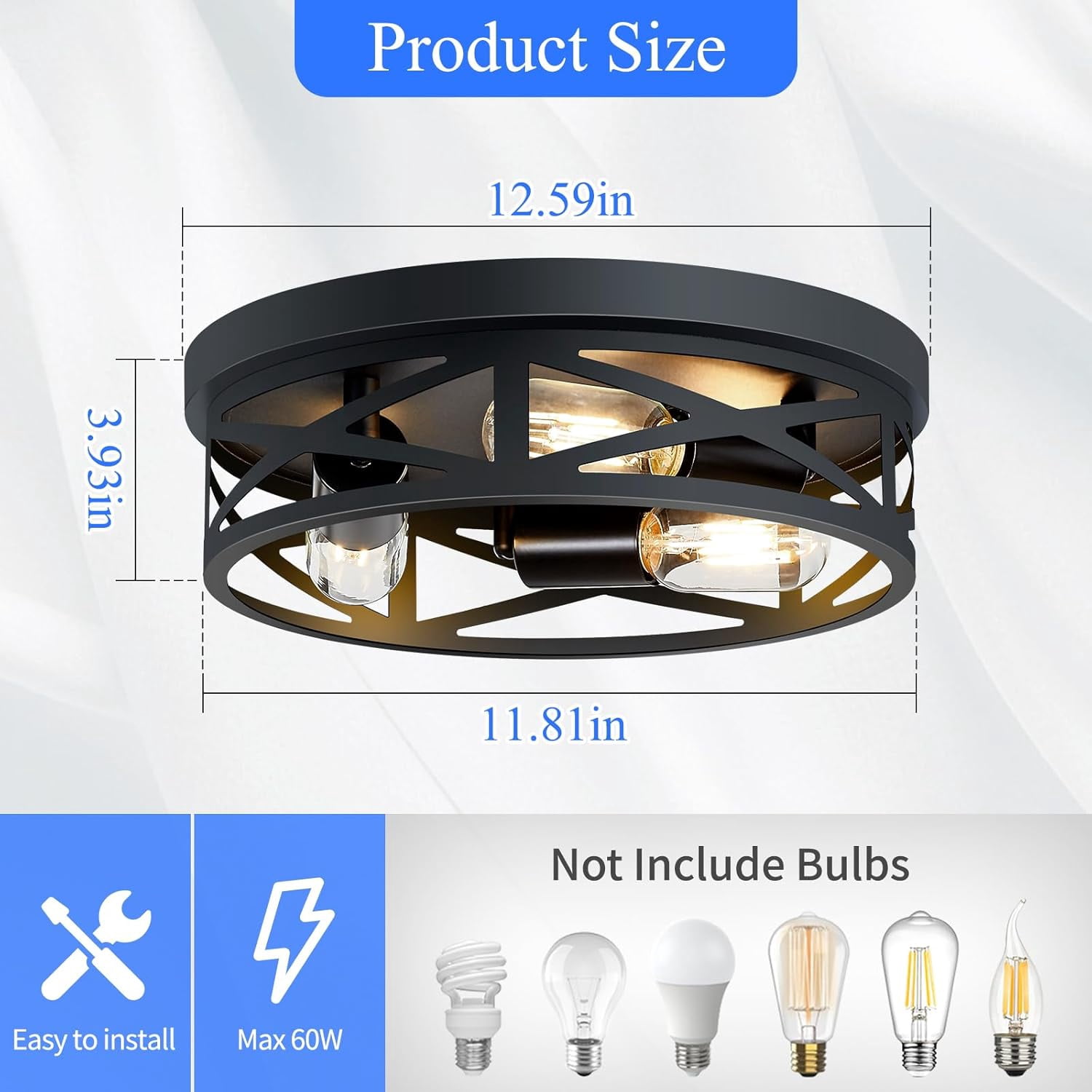 2 Pack 13 inch Black Flush Mount Ceiling Light Fixtures,3-Light Modern Hallway Light Fixtures Ceiling, Black Light Fixture Ceiling Mount for Farmhouse,Kitchen, Bedroom