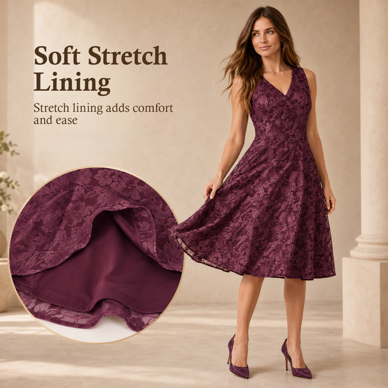 Alvantor Summer Dresses for Women, Sleeveless V-Neck Fit and Flare Poly Chiffon Dress, Burgundy