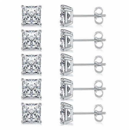 925 Sterling Silver needle 7mm Square Stud Earring Set of 5 pairs, 18K White Gold Plated Princess Cut Clear Cubic Zirconia Hypoallergenic Earrings Pack for Women and Men