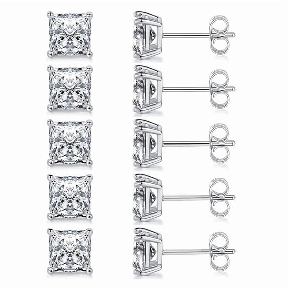 925 Sterling Silver needle 7mm Square Stud Earring Set of 5 pairs, 18K White Gold Plated Princess Cut Clear Cubic Zirconia Hypoallergenic Earrings Pack for Women and Men