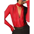 thumbnail image 2 of One opening Women's Spring Autumn Short Playsuit Solid Color Long Sleeve Deep V Neck Pleated Bodysuit, 2 of 5