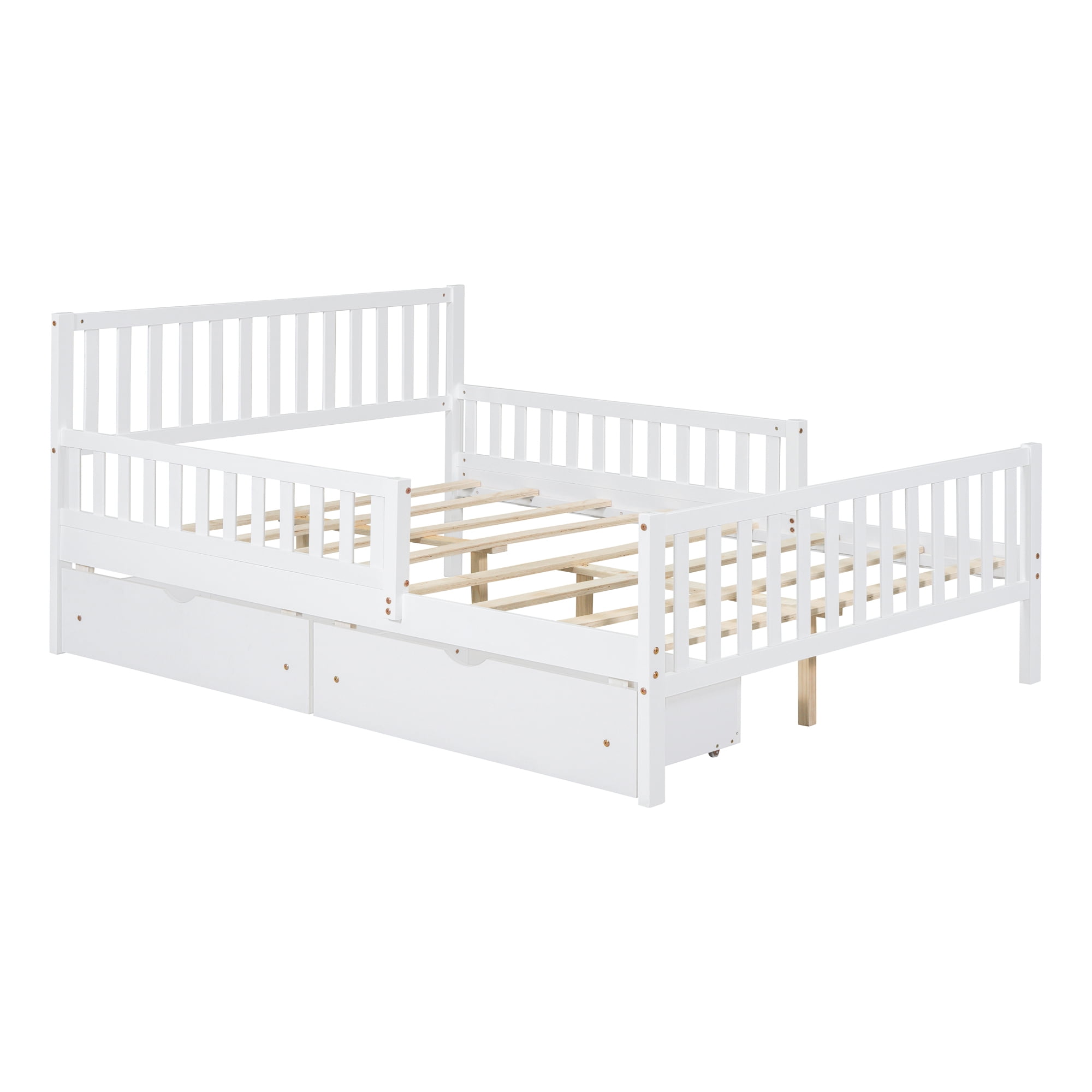Aukfa Full Size Platform Bed with Storage Drawers and Safe Rails, Wood Bed Frame, White