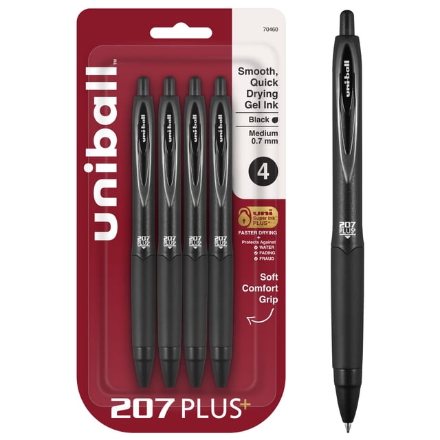 uniball 207 Plus+ Stylos Gel Rétractables, Pointe Moyenne, 0,7 mm, Encre Noire, 4/paquet (70460)
