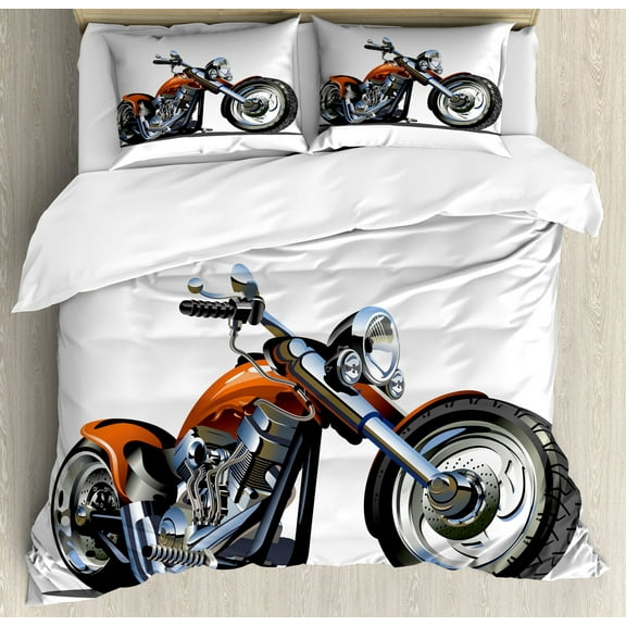 Motorcycle Duvet Cover Set, Adventure Motorbike Image Motorcyclist Adventure Race Powerful Engine Vehicle, Decorative 3 Piece Bedding Set with 2 Pillow Shams, King Size, Orange Black, by Ambesonne