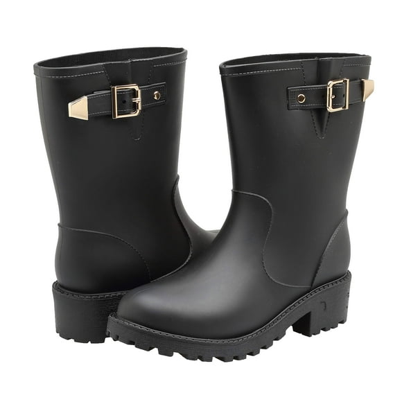 EYUSHIJIA Women\'s Short Rain Boots Waterproof Slip On Ankle Chelsea Booties (8 B(M), Black-B)