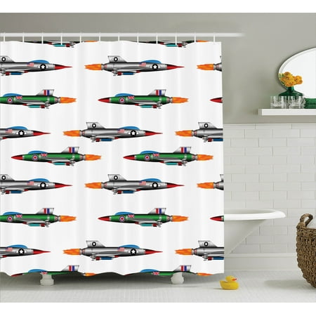 Airplane Decor Shower Curtain Set, Collection Of Jet-Fighters Rocket Aviation Attack Fire Bombers Missile Modern Uk Model Print, Bathroom Accessories, 69W X 70L Inches, By