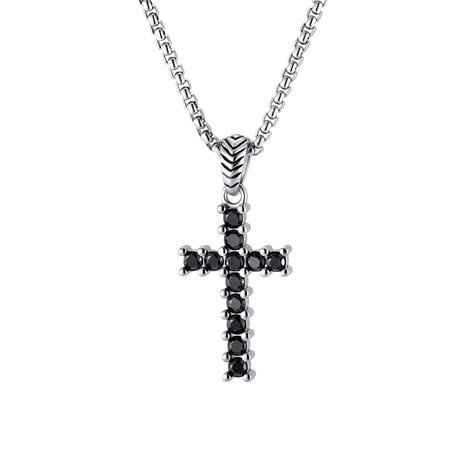 HIRPLIS Cross Pendant Necklace for Men Women Black Cubic Zirconia Box Chain Stainless Steel Religious Prayer Faith Punk Statement Personalized Gift Jewelry Black