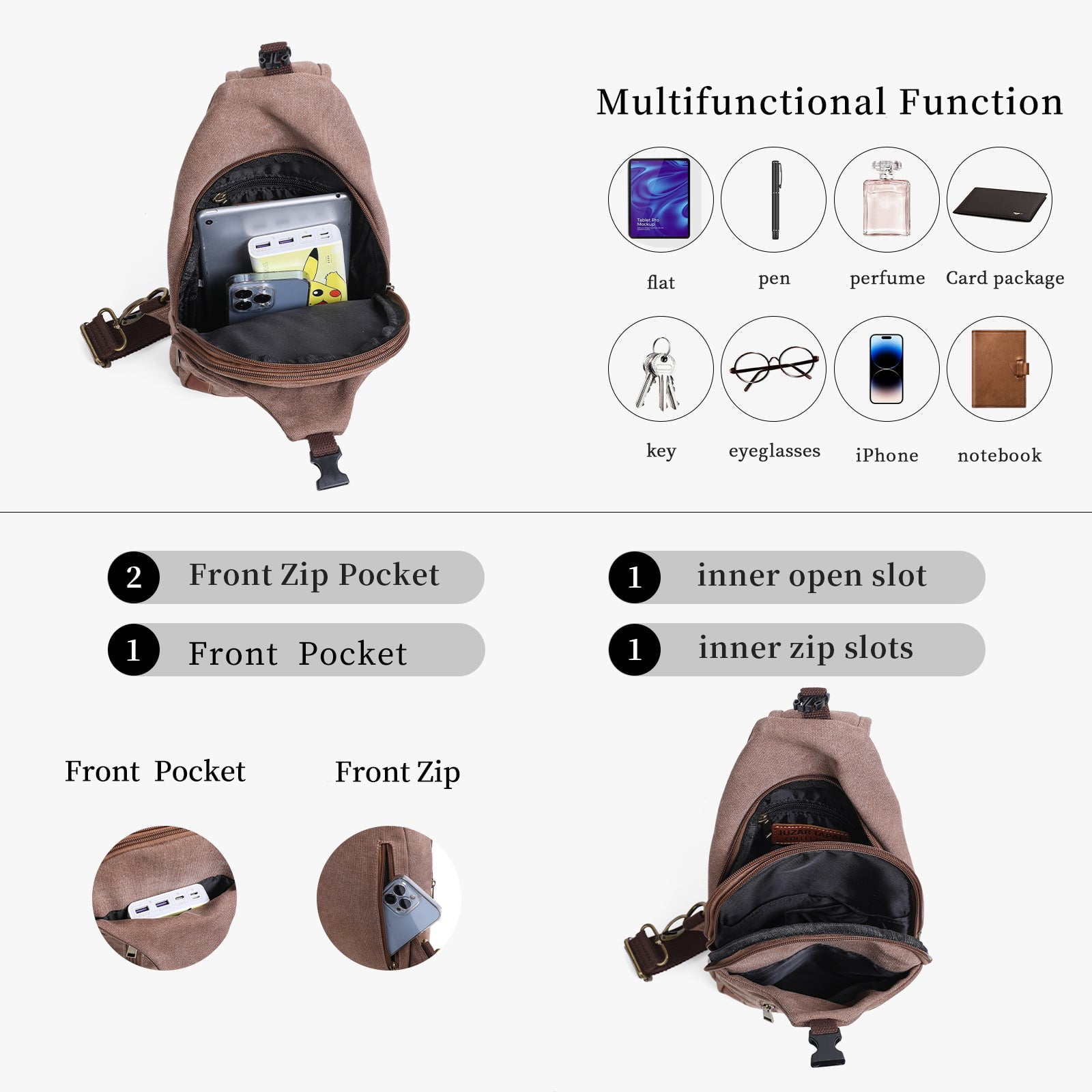 Men Sling Bag Waxed Canvas Crossbody Bag with one strap Travel Hiking Chest Bag daypack