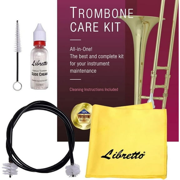 Libretto Trombone All-Inclusive Care Kit: Flexible Bore Brush, Mouthpiece Brush, Slide Oil, Microfiber Cloth, 5-Piece