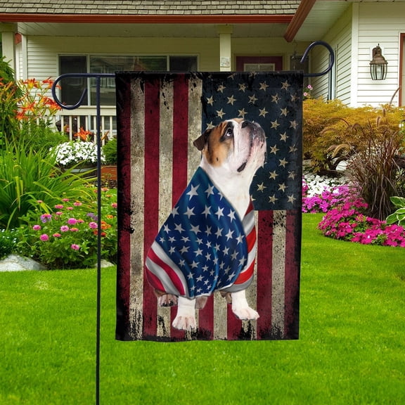 American Flag with Bulldog Dog stand under the cross Patriot Patriotic 4th of july House Flag, Double-Sided Decorative Outdoor Flag, Patriotic Polyester Yard Flag 29.5 x 39.5 in