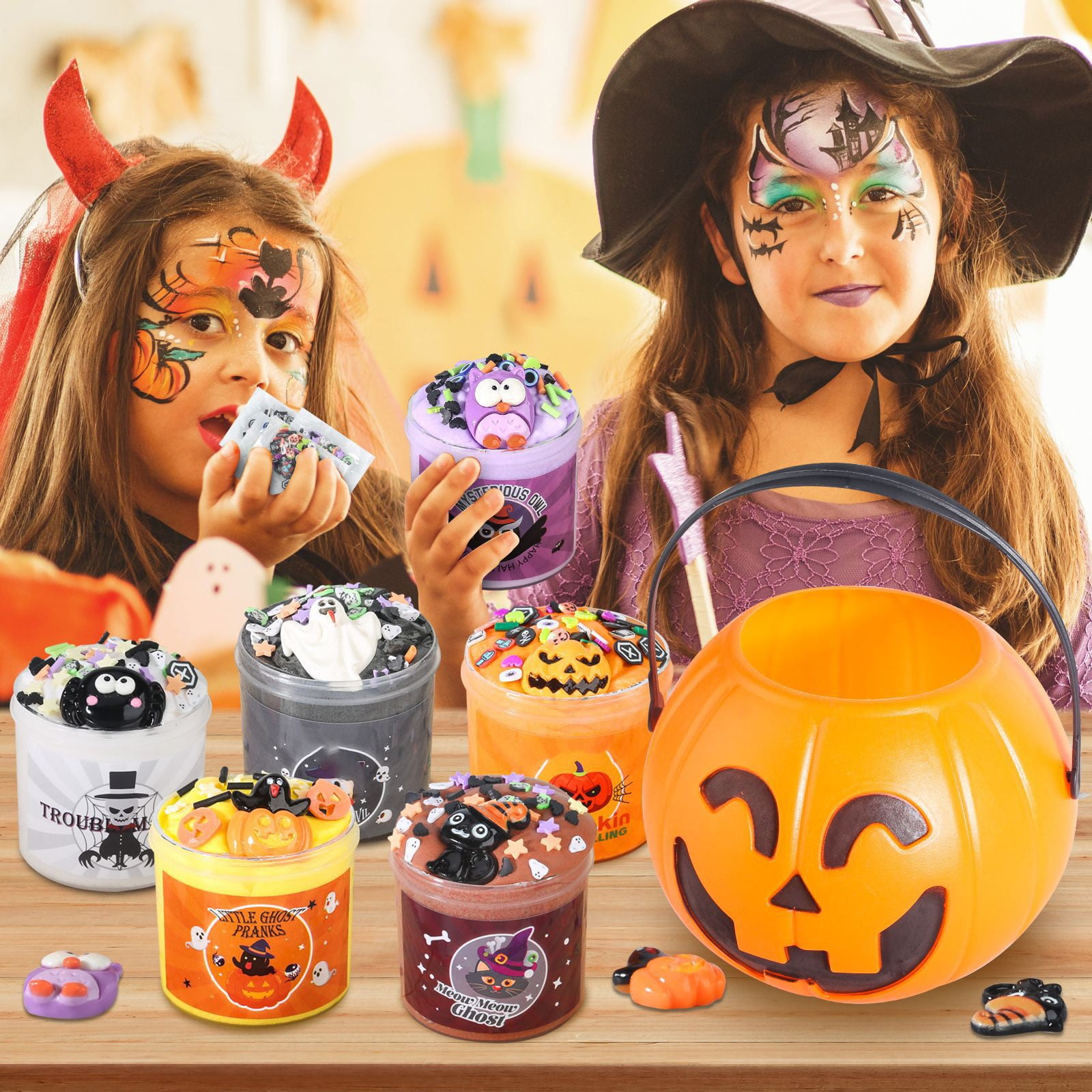 Light Up Halloween Bucket with Slime Set, Glow-in-Dark Pail with Sensory Putty Party Favor Kit, Not for Children Under 3, Includes Non-Toxic Materials