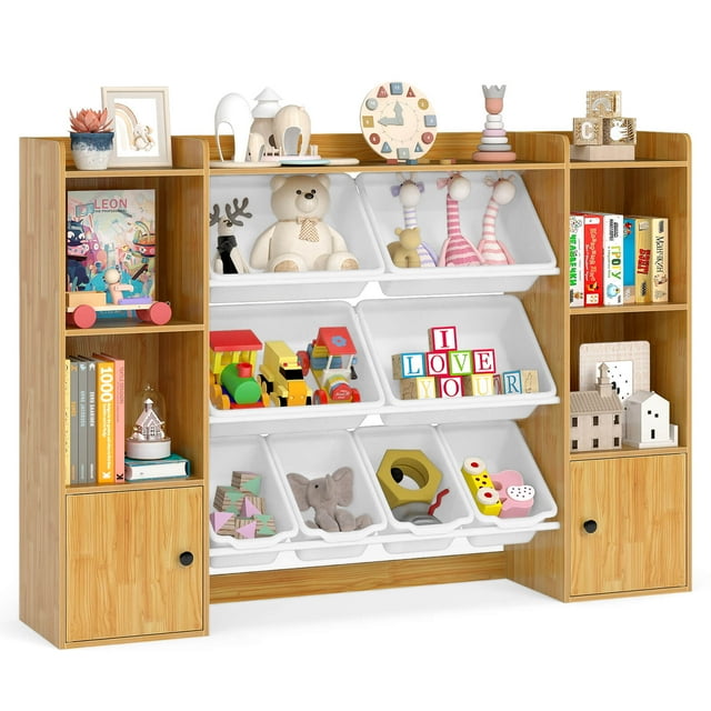 Costway Kids Toy Storage and Bookshelf with 8 Boxes Open Shelves & 2 Single-door Cabinets Beige