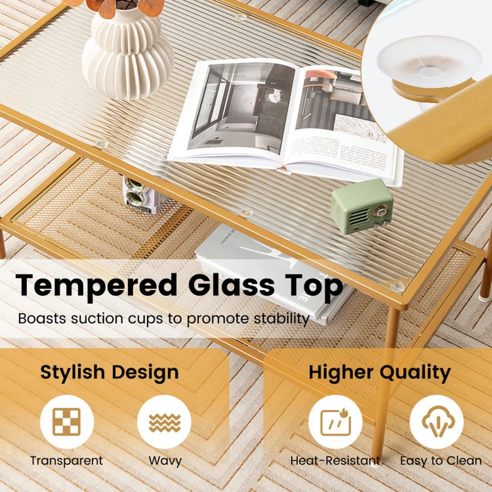 Finihen Coffee Table, Tempered Glass Coffee Table, 2-Tier Coffee Table with Shelf Center Tea Table with Tempered Glass Top, for Living Room, Reception Room, Golden Finihen Coffee Table, Tempered Glass Coffee Table, 2-Tier Coffee Table with Shelf Center Tea Table with Tempered Glass Top, for Living Room, Reception Room, Golden