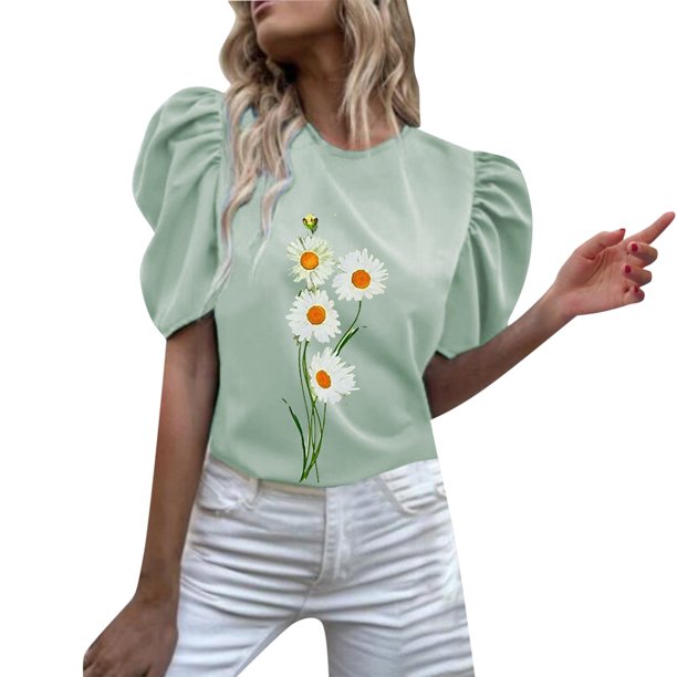 Gibobby Playera de Manga Corta con Cuello Redondo Camiseta manga corta con cuello redondo y estampado flores para mujer(Verde,XL)
