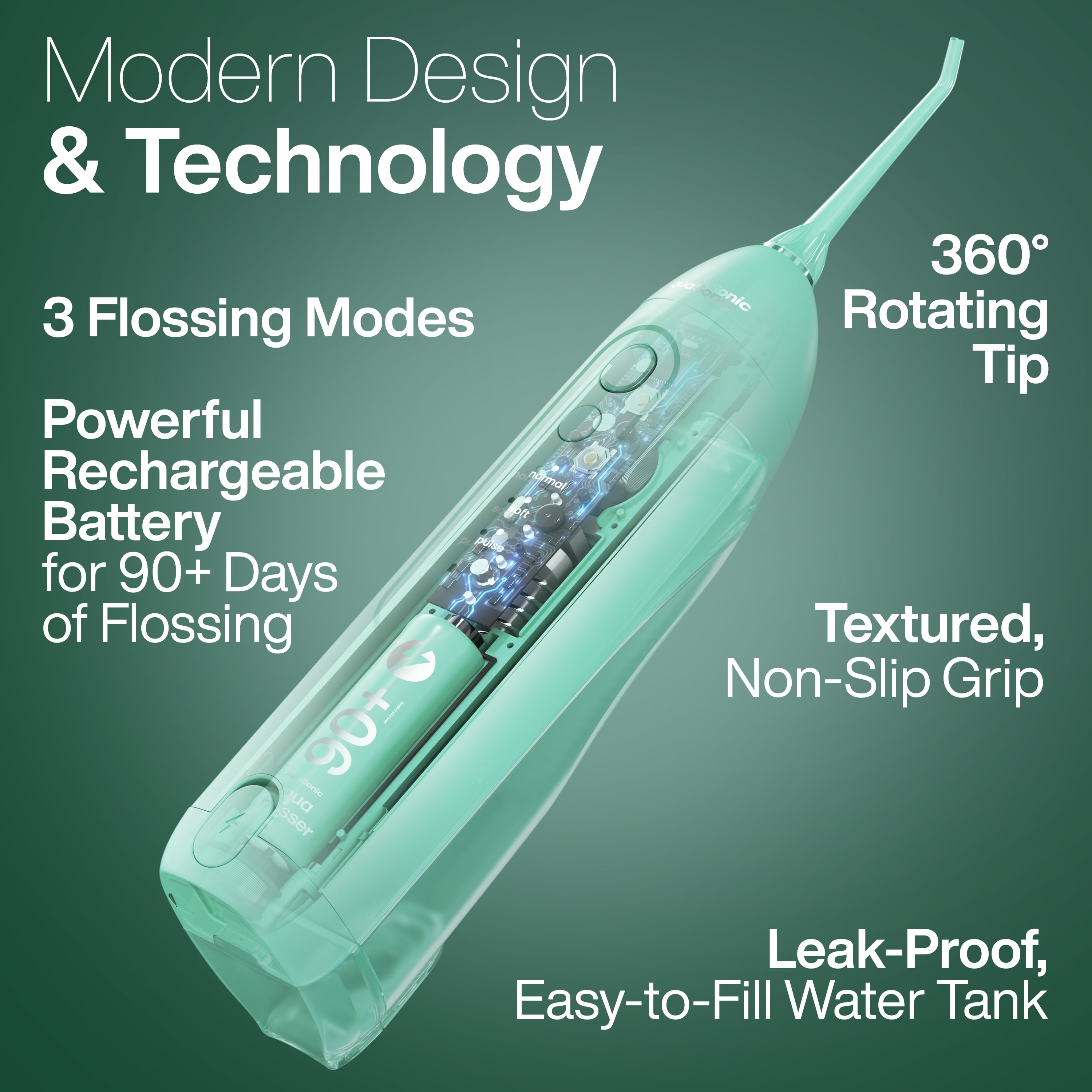 AquaSonic Icon Electric Water Flosser - 150ml Tank, Cordless Rechargeable, Waterproof, Portable Oral Irrigator - Green