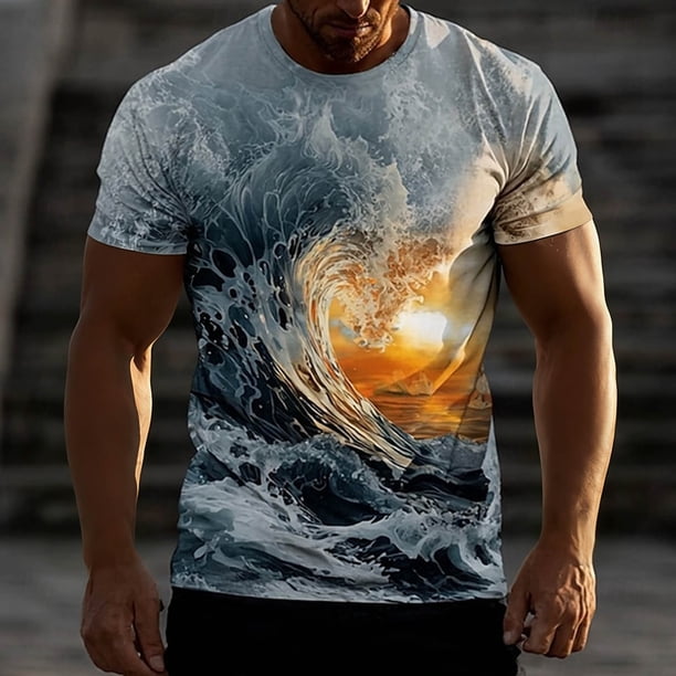 Ceisia Men's Slim Fit Short Sleeve T-Shirt 3D Natural Landscape Print Ocean & Wave Spring Summer Shirt Gift