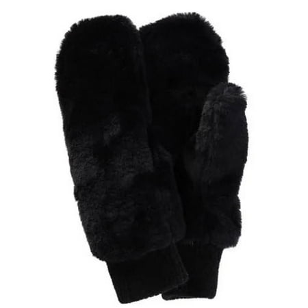 Xcr Womens Mitten - Alexa Rose Women Black Plush Texture Ribbed Cuff Winter Mittens One Size