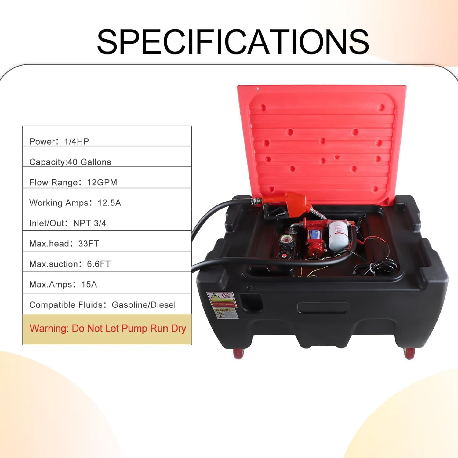 Diesel Gasoline Fuel Transfer Caddy Tank with 12V DC Self-Priming Fuel Transfer Pump for Cars, Motorcycles, Boats, Lawn Mowers, Snowblowers, Manual Fueling Nozzle, 12GPM Flow Rate, 40 Gallon