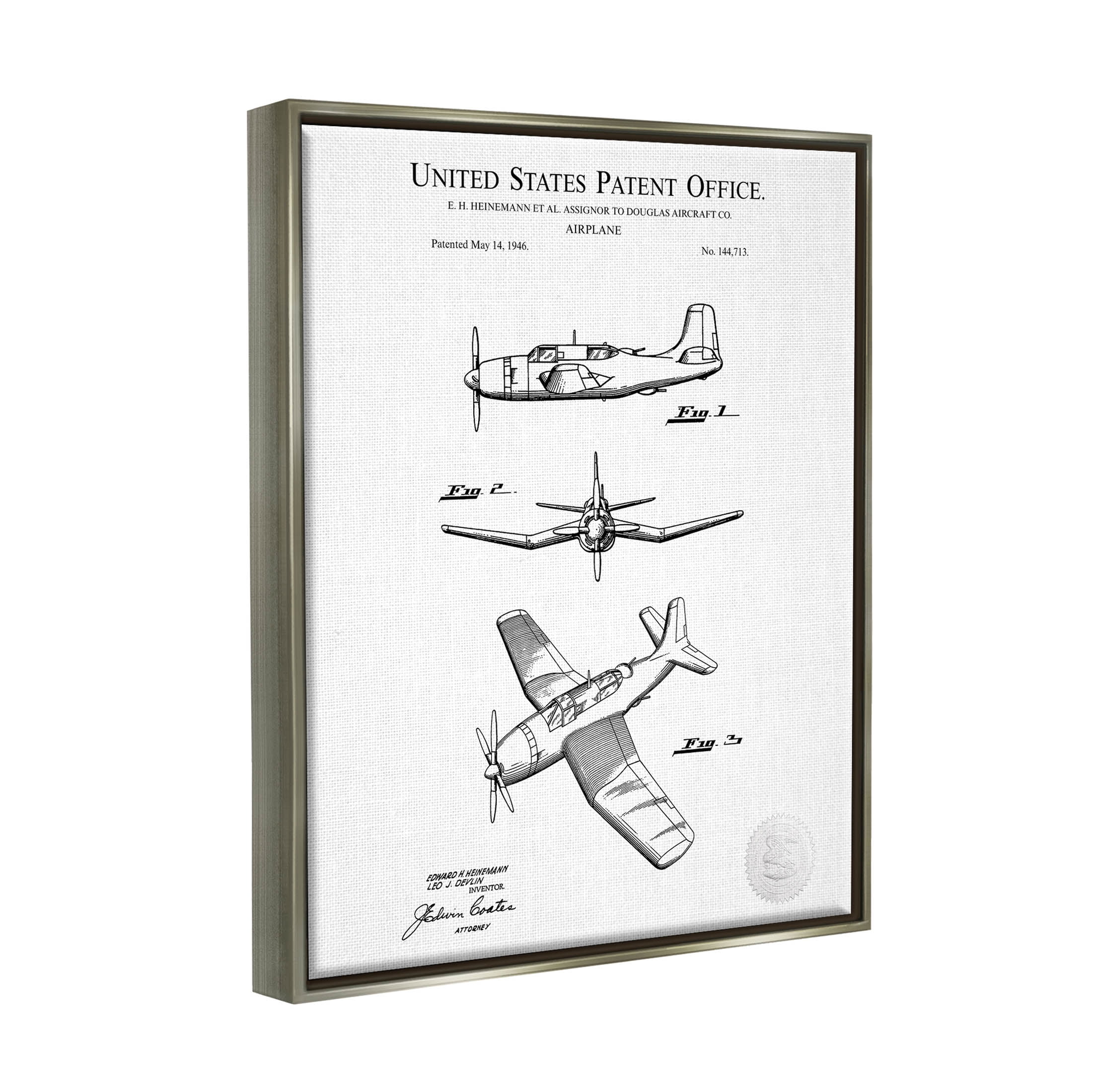 Stupell Industries Detailed Aircraft Patent Chart Graphic Art Luster Gray Floating Framed Canvas Print Wall Art, Design by Karl Hronek