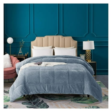 Super Ultra Soft Luxury Plush Comforter, Cozy Reversible Faux Fur Machine Washable Bedding, Grey Blue, King Size