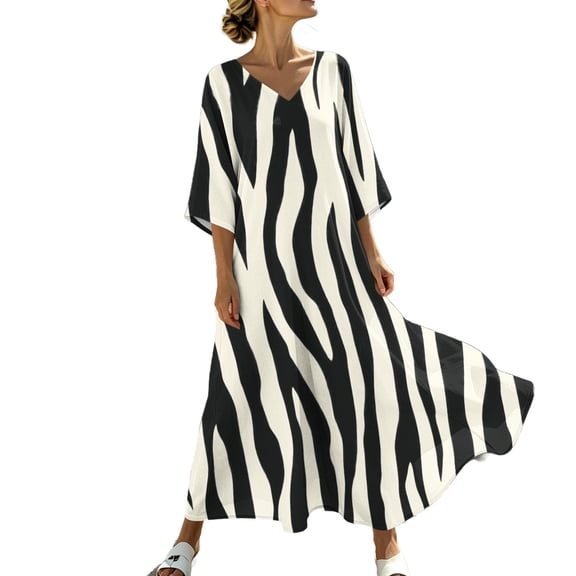 HAPIMO V Neck Print Loose Midi Dress Women Lightweight Dress for Loungewear Black L