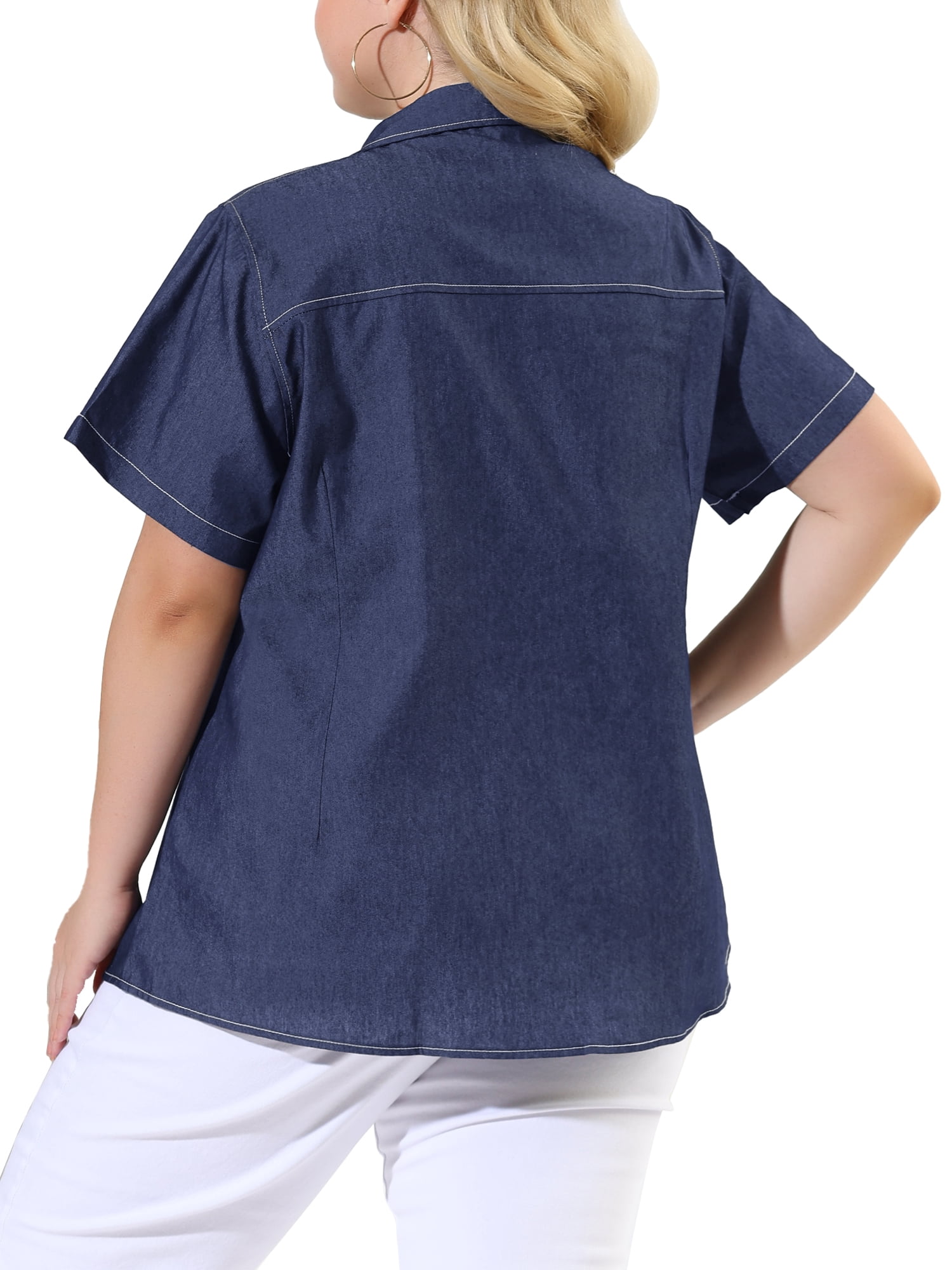 DARING DIVA Women's Plus Blouse Chest Pocket Button Down Demin Shirt 1X Black Blue