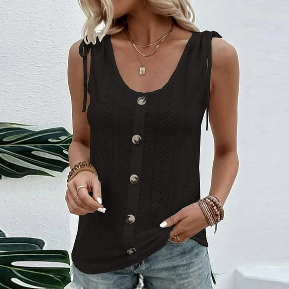 Fznquz Button up Tank Tops for Women Casual Summer Side Tie Hollow Out Solid Black Fashion Loose Blouse Women Tank Tops Summer