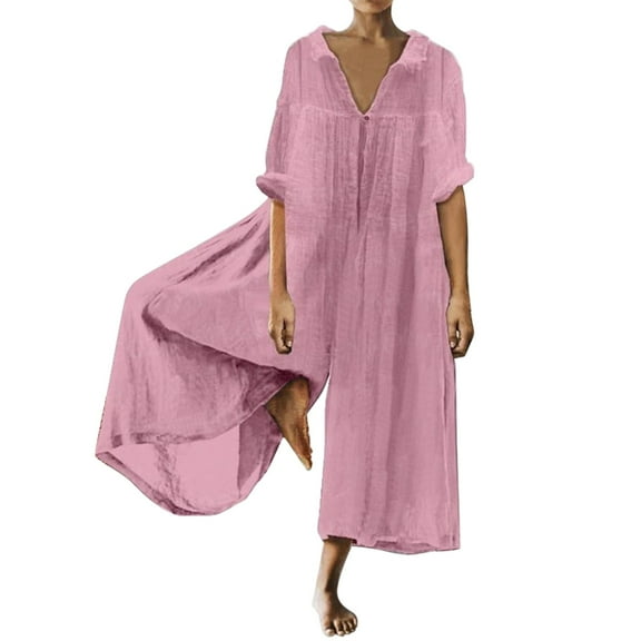 ZAZYULZ Summer Outfits for Women 2024 Trendy Women's Fashion Women's Temperament Elegant Long Comfortable And Breathable Five Part Sleeve Jumpsuit(Pink,Xxxxl)