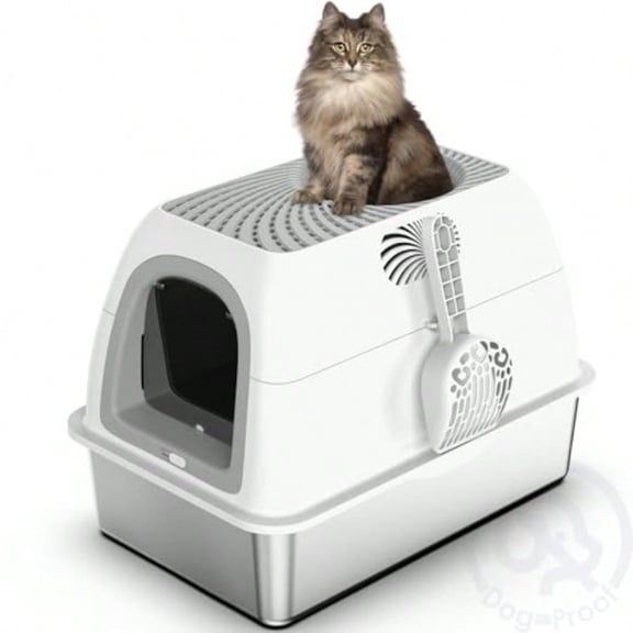 Stainless Steel Top Entry Litter Box With DogProof Hooded Stainless Steel Litter Box With Filter Lid Scoop For Low Tracking Enclosed Cat Litter Boxes For AntiLeakage Metal Litter Pan