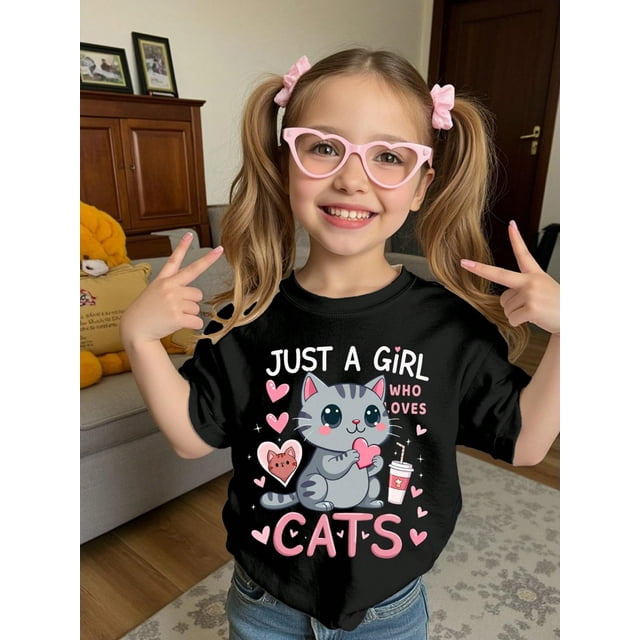 Tween Girl JUST A GIRL Print Simple Casual Black Short Sleeve Round Neck T-Shirt, Machine Washable | Vibrant Design | Stretchable Knit Fabric, Suitable For Spring And Summer