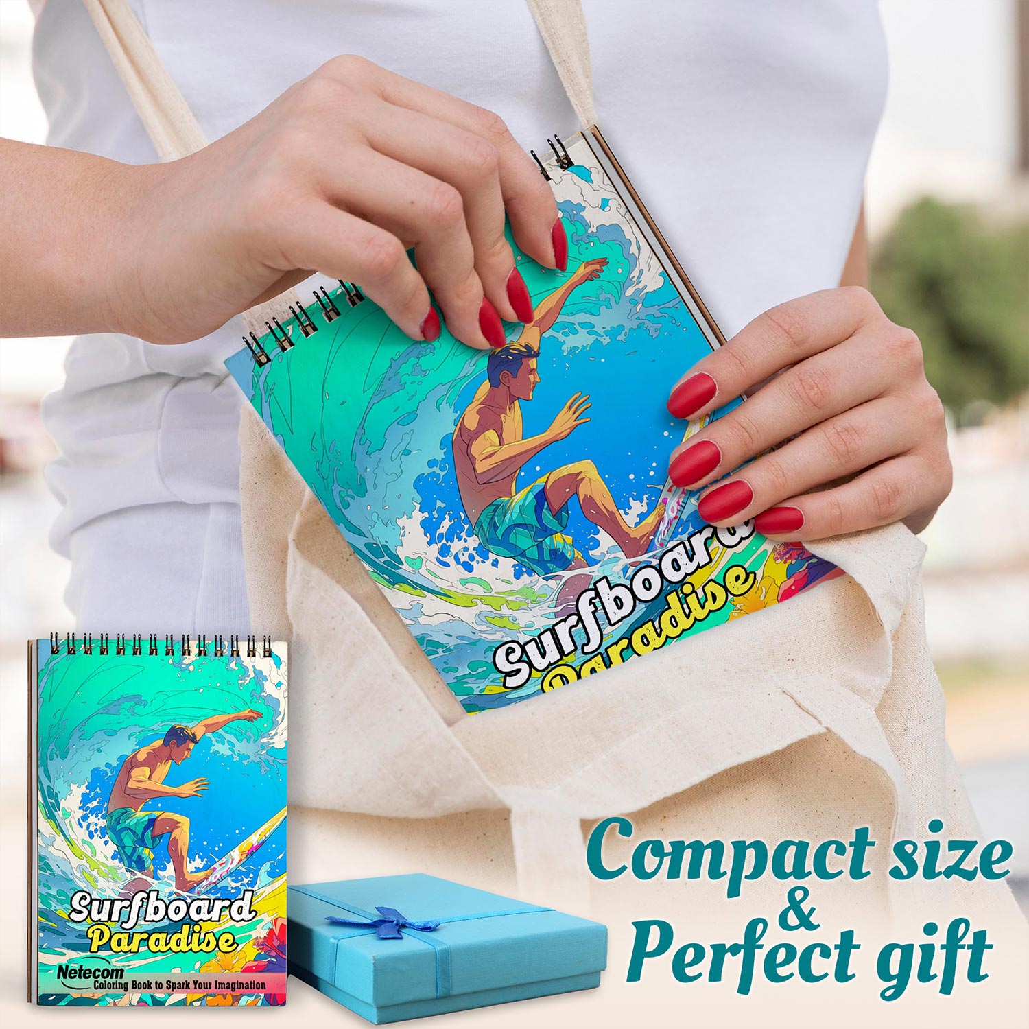 Netecom Surfboard Paradise Coloring Book for Adults, A5 Wooden Cover, 30 Beautiful Coloring Pages of Surfing Lifestyle for Stress Relief and Relaxation, Spiral Bound Edition