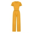 thumbnail image 6 of Knitted Two Piece Outfit For Women Short Sleeve Slim Cropped Top Wide Leg Long Pants Summer Tracksuits Lounge Set, 6 of 8