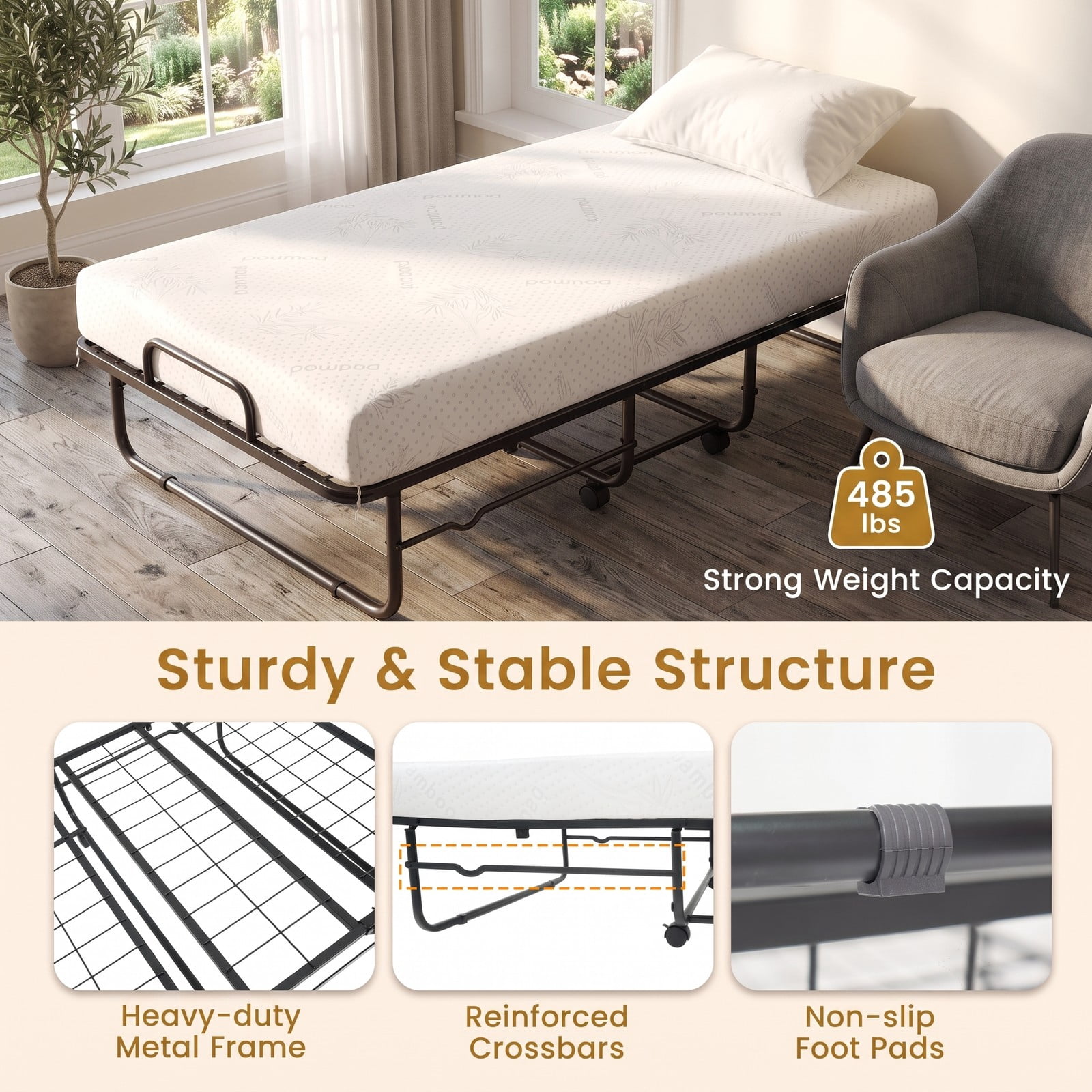 Furnibear Twin Bed Frame, Twin Folding Bed with 5 Inch Mattress, Rollaway Bed with Heavy Duty Metal Frame and Wheels for Guest Room, White and Black