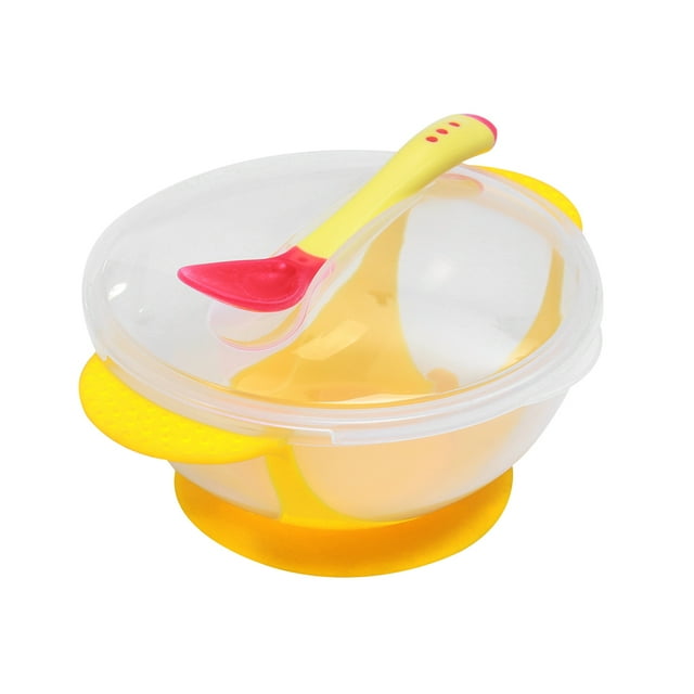 1pc Baby Training Bowl Baby Safe Temperature Tableware Flatware Non-slip for Baby Infant Toddler (Yellow Bowl + Spoon)
