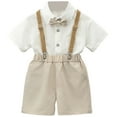 thumbnail image 2 of WhouRiu Toddler Boys Summer Suit Short Sleeve Shirt Suspenders Shorts Graduation Birthday Performance Outfits,4-Piece Beige,Size 3-15 Y, 2 of 4
