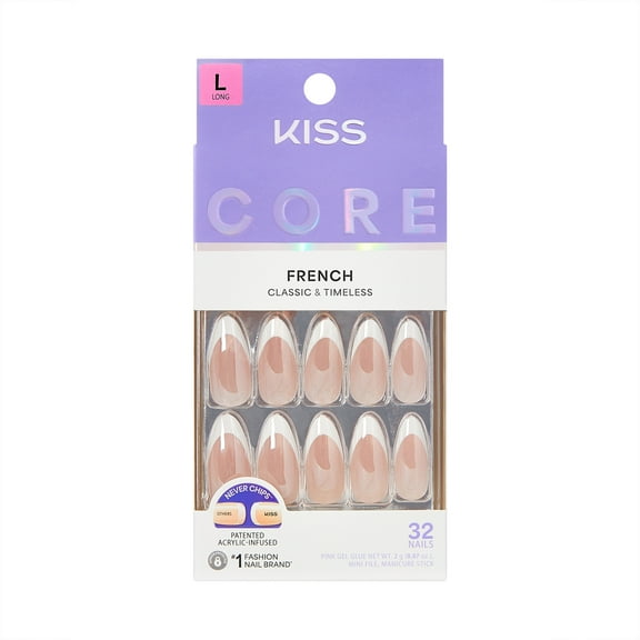 KISS CORE French Tip Press On Nails Almond, ‘Fascinating’, White, Long Length, 32 Count