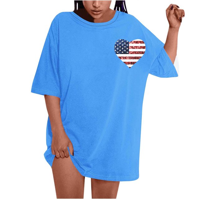 Fiudx Ropa de Mujer Camiseta de Manga Corta con Cuello Redondo y Estampado Informal En La Parte Delantera y Trasera Del Día de La Independencia para Mujer