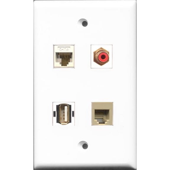 RiteAV 1 Port RCA Red and 1 Port USB A-A and 1 Port Phone RJ11 RJ12 Beige and 1 Port Cat6 Ethernet White Wall Plate
