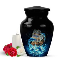 Yatskia Sailing Ship Blue Dolphins Urns for Human Ashes Adult Female, Decorative Urns for Human Ash, Mini Cremation Burial Urn for Ashes Adult Male, (Classic Pack of 1, 3 Inch)