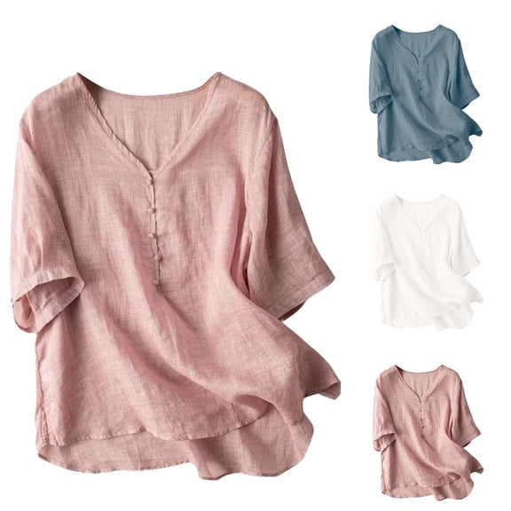 Paiwinds Women's Linen Blend V-Neck Short Sleeve Blouse, Solid Color Casual Top with Breathable Comfort for Summer Wear