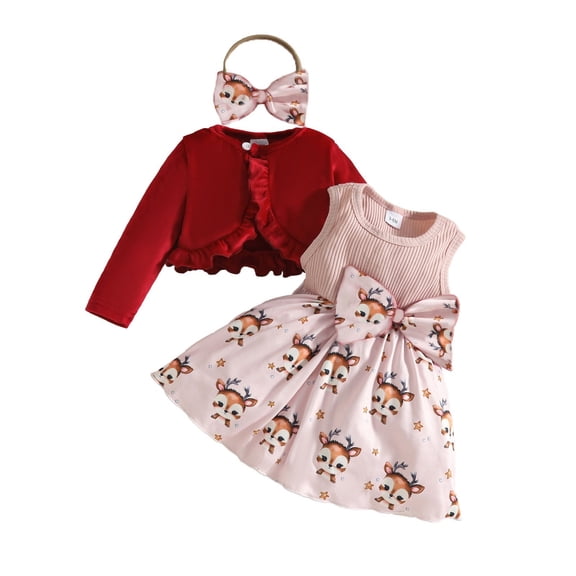 Staki Toddler Girls Outfits Girls Puff Sleeve Knit Ribbed Shirt Tops Skirt Set Kids Fall Winter Clothes Girls Christmas Dress(Pink,6-9 Months)