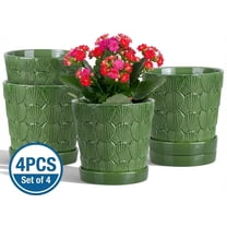 BUYMAX 5 inch Green Ceramic Flower Pots with Scallop Shell Pattern, Set of 4 - Decorative Planters with Drainage Holes & Trays - Perfect for Spring Herbs, Succulents, Windowsill & Balcony