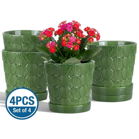 BUYMAX 5 inch Green Ceramic Flower Pots with Scallop Shell Pattern, Set of 4 - Decorative Planters with Drainage Holes & Trays - Perfect for Spring Herbs, Succulents, Windowsill & Balcony