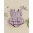 thumbnail image 3 of Yunliwuli Baby Girls Rompers Dress Solid Color Square Neck Fly Sleeve Skirt Hem Infant Bodysuits Summer Clothes with Headband, 3 of 9