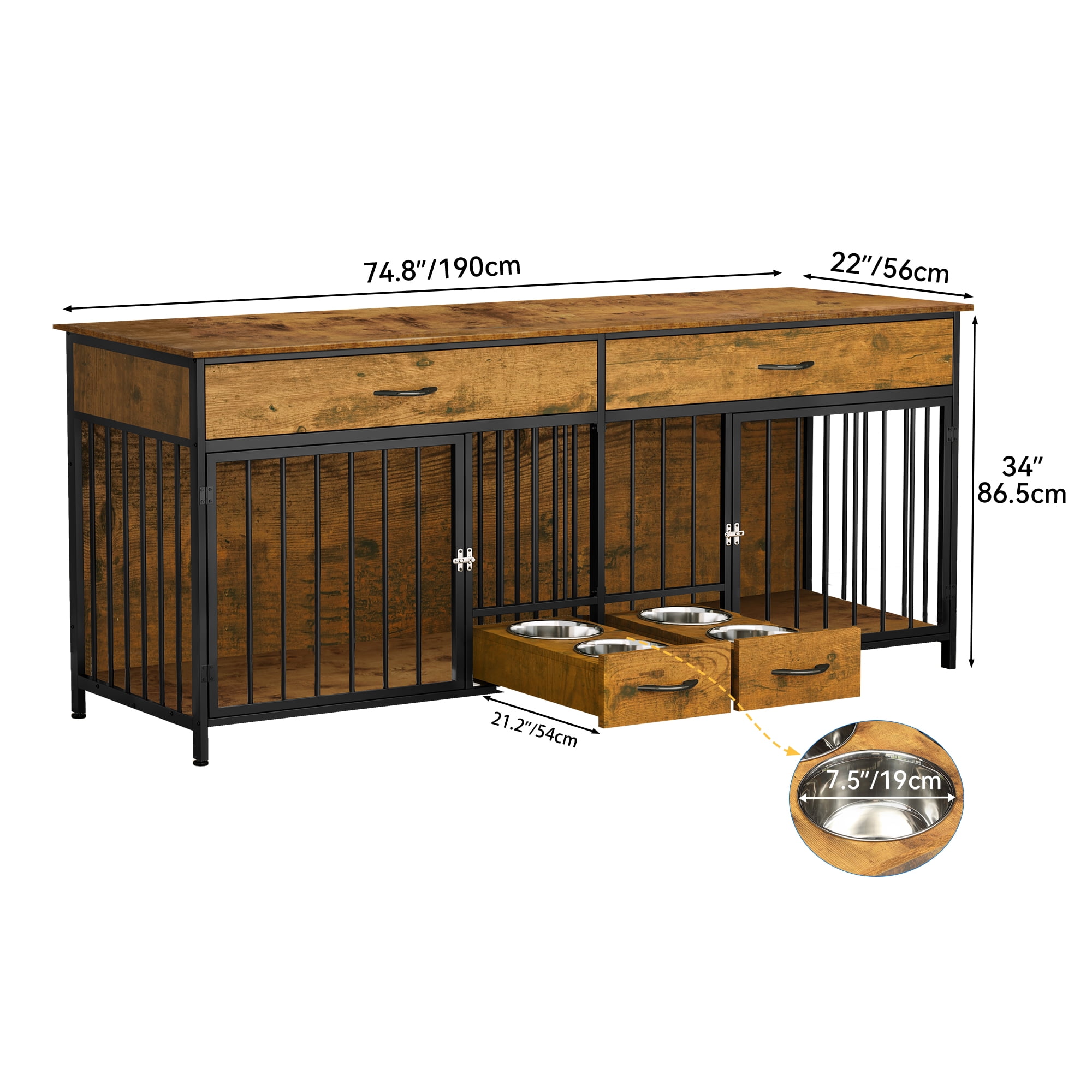 Dextrus Dog Crate Furniture TV Stand Large Breed with Dog Feeder, 74.8" Inch Wooden Decorative Dog Kennel Furniture Indoor Heavy Duty Dog Crate with Drawers, 2 Room Divider for 2 Medium Large Dogs