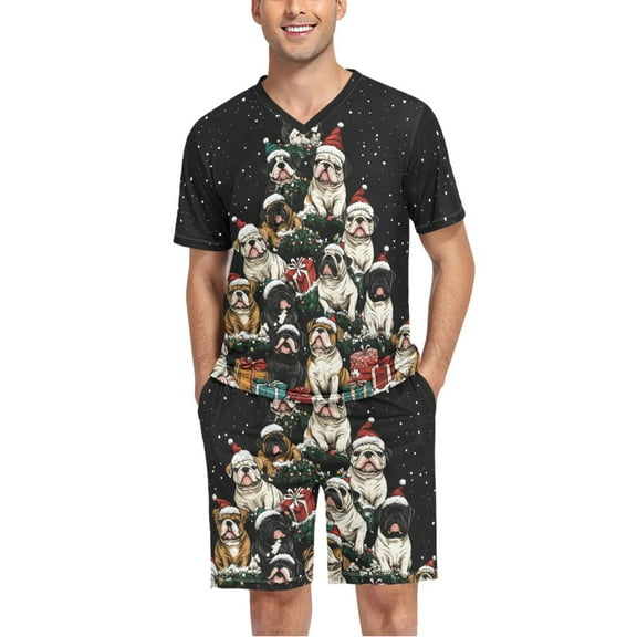 joogoo Men's Pajama Set Christmas Dogs V-Neck Pj Shorts Set 2 Piece Loungewear Sleepwear L