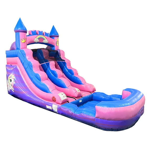 Pogo Bounce House Crossover Kids Inflatable Water Slide, Pink Unicorn, 12 ft, No Blower